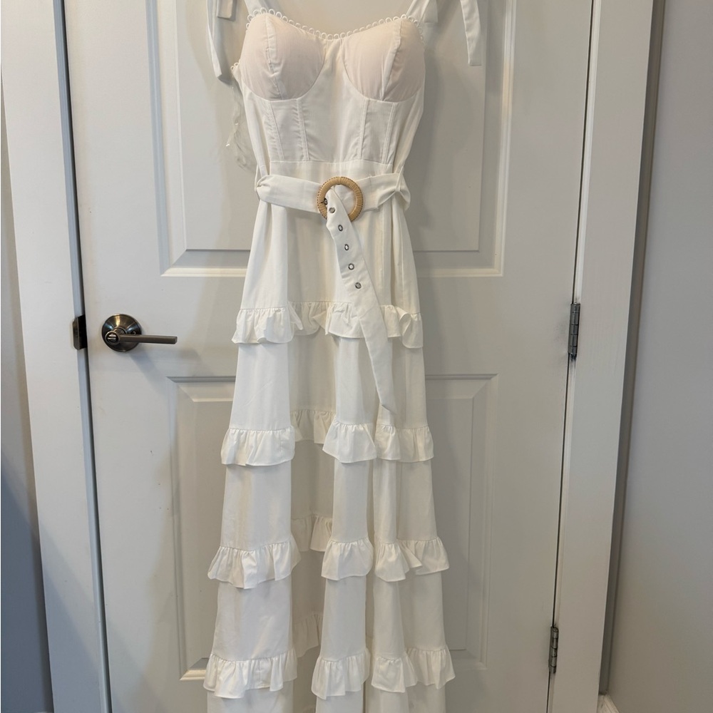 Main Strip White Maxi Dress with Ruffle Details
